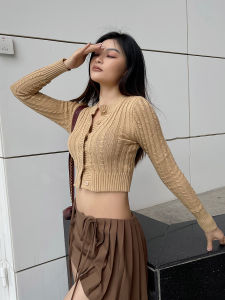 Spring Autumn Short Knitted Sweater Womens Vintage British Style Pure Color Cardigan Outerwear Twist Pattern Commute Essential