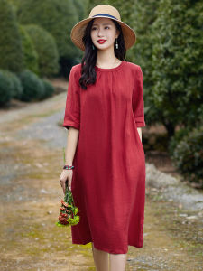 ชุดเดรสยาวผ้าลินินสีแดงทรงหลวมสไตล์วินเทจสำหรับผู้หญิงไซส์เล็ก ชุดเดรสยาวทรงเอคอปีกลูกไม้แขนยาวฤดูใบไม้ผลิและฤดูร้อน