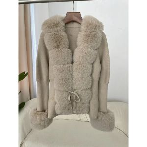 Áo Cardigan Len Dệt Kim Phối Lông Giả Sang Trọng Dành Cho Nữ Thu/Đông 2024 Cổ Áo Rời Cổ Chữ V Cài Khuy Đơn Phong Cách Đường Phố