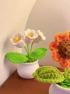 KOQZM Crochet Flowers Artificial Sunflowers Potted Hand Woven Plant Wedding Gift For Guests Sunflower Decoration Room Decor