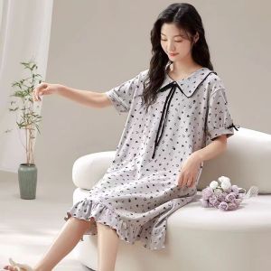 ชุดนอนฤดูร้อนพิมพ์ลายน่ารักสําหรับผู้หญิงแขนสั้นชุดนอนผ้าฝ้ายน่ารักพร้อมชุดยาวปกเล็กสําหรับบ้านและแจ๊กเก็ต
