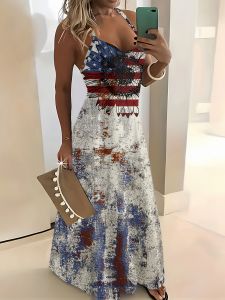 Printed Design American Flag & Ink-Splash Print Halter Neck Dress