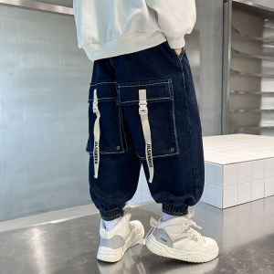 Boys Autumn Winter Denim Pants Big Pocket Slim Fit Long Trousers Casual mid Waist Elastic Belt Non-opening Crotch Jeans