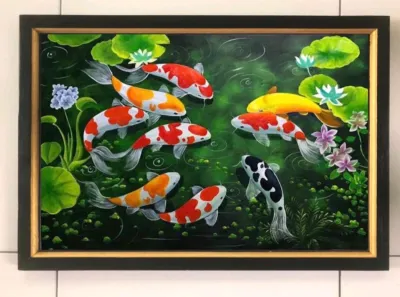 Hiasan dinding cetak gambar ikan koi indah plus bingkai uk 45x65cm