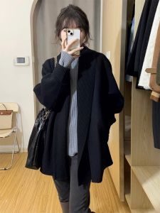 Retro French Black Knitted Sweater Coat Womens Loose Lazy Style Mid-Length Open Cardigan Soft Polyester Fiber Long Sleeve