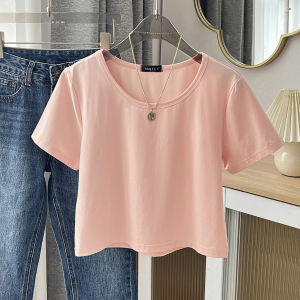 Summer Ultra Cute Pure Cotton Short Sleeve T-Shirt Womens round Neck Short Shoulder Top Small Size Korean Style Commute