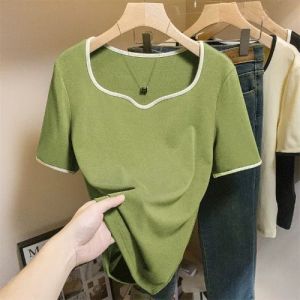 Colorblock Structured Shoulder Plus Size T-Shirt Slimming Concealing Stomach Summer New