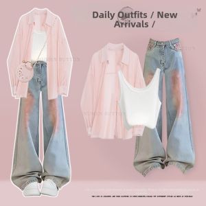 NUMEN BUTTON | Dopamine Style Sweet Clothing Set Womens Shirt Camisole Top Jeans 3-Piece
