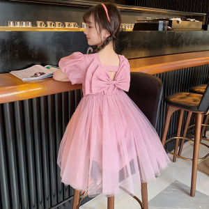 Princess Style Summer Dress for Girls with Bow Knot Korean Version round Neck Bubble Sleeve Cotton Blend Midi Dress