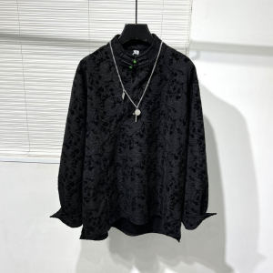 Spring Fashion Mens Shirt Stand Collar Velvet Print Button Decor Loose Fit Long Sleeve Youth Popular Trendy Casual Wear