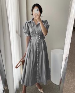●ECLAIRE● 026 Dress Maksi Maxi Lengan Pendek Shortsleeves Salur Stripe Garis-garis Kasual Korea Casual Basic Mode Kerja Trendy FREE BELT 594 682 696