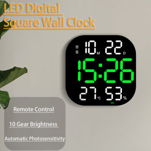 LED Digital Square Wall Clock Two Sets of Alarm Clocks Automatic Photosensitivity 10 Gear Brightness Adjustment Timing Function 12/24 Hour Date Week Temperature Humidity Display Remote Control Home Decoration