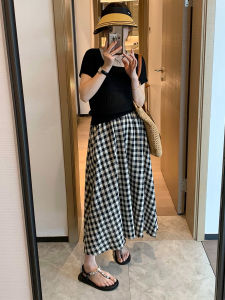 Váy Chữ a Cạp Cao Kẻ Caro Đen Trắng Dáng Chữ a Cỡ Lớn Cho Nữ Mùa Hè Váy Midi Che Mông Dáng Rộng Thoải Mái