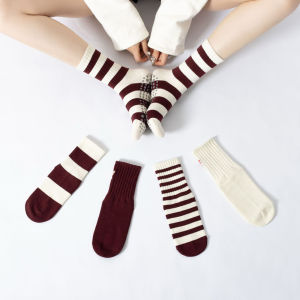 Dark Red Stripes Yoga Pilates socks for women Non-slip floor sports Calf socks Fashion all-match trend socks