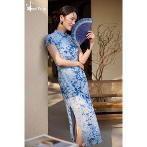 Misoshine | Elegant Slender Blue Floral Cheongsam Dress