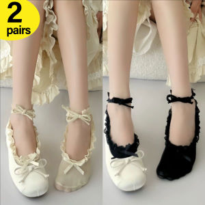 2 Pairs Wave Edge Short Socks Lace Ballet Tie Socks Women Boat Sock Anti slip Bow Ankle Sock Girls Japanese Ballet Shoes Socks