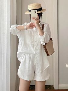 White Sun Protection Cotton and Linen Suit Womens Summer Set Casual Minimalist Long Sleeve Shirt Wide Leg Shorts Linen Two-Piece Set