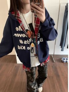 สไตล์อเมริกัน โอเวอร์ไซส์ ลายสก็อต ประกบสองชิ้นปลอมเปิด คาร์ดิเกน เสื้อสเว็ตเชิ้ต ผู้ชาย ผู้หญิง หลวม เสื้อฮู้ด แจ๊กเก็ตคู่รัก