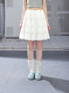 Unifree | White Silk-feel A-line Lace High-waisted Skirt