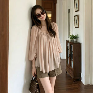 ZHILU | Loose Fitting Slimming V-Neck Wrinkle Design Blouse