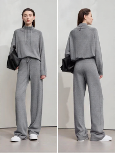 Casual High Collar Zipper Sweater Elastic Waist Wide Leg Pants Set