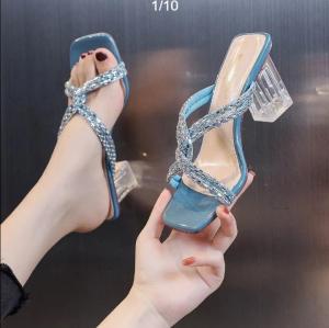 Huilm Giày Cao Gót Nữ Dép Cao 7Cm Đính Kim Cương Giả Giày Xăng Đan Nữ Gót Dày Đầu Vuông Chéo Trong Suốt Mới Mùa Hè 2024 Giày Nữ