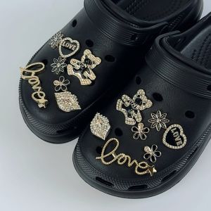 14PCS Luxury Shoe Charms Set Accessories Hole Shoe Buckle Golden Bear Letter Lips DIY Shoes Decorations Kids Party Girls Gift