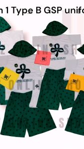 Girls Scout Philippines Type B Uniform Set: White T-Shirt Green Shorts Green Hat Yellow Handkerchief Ring Socks.