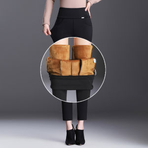 กางเกงลำลองผู้หญิงสีดำ ทรงเข้ารูป ทรงสลิมฟิต ทรงเอวสูง บุขนแกะ บุขนแกะ ทรงลำลอง กางเกงขายาว