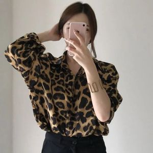 Chic Autumnal Vintage Leopard Print Turn-down Collar Single-button Loose Casual Versatile Long Sleeve Womens Shirt Top
