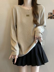 Plus Size Asymmetrical Drawstring Long Sleeves round Neck Knitwear Womens Fall and Winter Plus Size Ladies Loose Slim Fit Fashionable Sweater Bottoming Shirt