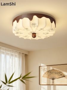 LANGSHANGZHAOMING | Vintage Style Log Color Circular Fabric Ink Painting Lotus Protective Eyesight Ceiling Light