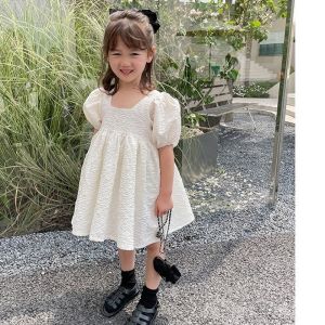 Girls Summer Puff Sleeve White Princess Dress Childrens Short-Sleeved Dress Summer Baby Square Collar Jacquard Dress Tide