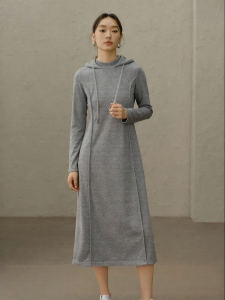 Yigue | Hooded Gray Long Sleeves Stylish Casual Dress