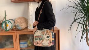 Fashion Women Girl Ethnic Linen Bag Canvas Beg Messenger Bag Embroidered Gold Silk Jacquard Large Capacity