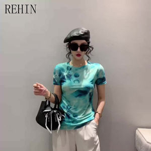 REHIN European-style summer fashion green mesh printed short-sleeved round-neck T-shirt slim-fit S-3XL trendy top with positioning flower pattern