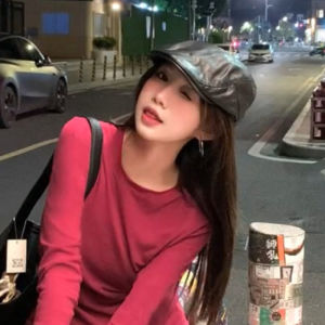 PU Leather Black Beret Female Summer K-style Stylish Retro British Reverse Wear Forward Peaked Cap Fall and Winter Painter Cap