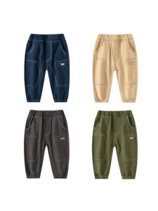 Wellkids ลำลอง กางเกงคาร์โก้ สําหรับเด็กผู้ชายที่มีกระเป๋าเรขาคณิตประกบสีบริสุทธิ์ยาว กางเกงขายาว ฤดูใบไม้ผลิ ฤดูใบไม้ร่วง เสื้อผ้าเด็ก