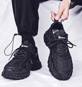 Mens Casual Sport Shoes Black Worksite Anti-slip Wear-resistant Running Fashionable Dad Shoes Korean Style round Toe Mesh