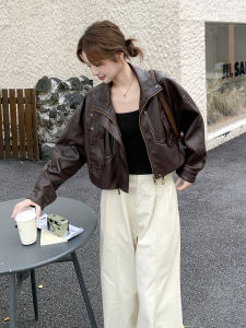 Black Motorcycle Style Short Leather Jacket Womens Fashion Autumn New Hong Kong Style Retro PU Leather Coat Large Female Lead