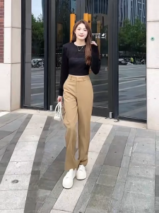 Muuv High Waisted Straight Cut Golden Brown Pants Women Korean Size Button Suit Long Pants Elastic Casual Trousers
