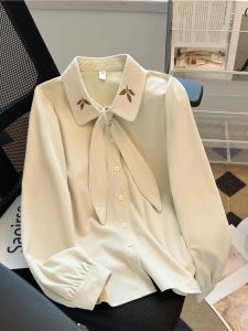 New 2025 Womens Long Sleeve Velvet Shirt with Bow Tie And Embroidery Versatile Spring Autumn Design Straight Cut Bubble Sleeve