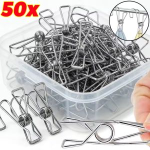 50Pcs Stainless Steel Clothes Pegs Laundry Storage Clip Hooks Long Tail Clip Clothespins Towel Clip Kitchen Organizer Holder