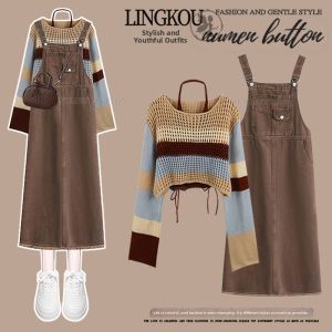 NUMEN BUTTON | Spring Plus Size Designer Color Block Hollow Out Top With Retro Denim Skirt Set