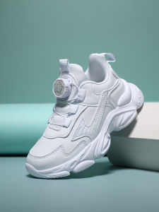 White Leather Sports Shoes for Children with Rotating Buckle Running Shoes Waterproof Travel Shoes Low Cut Synthetic Leather