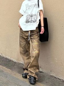 American High Street Design Distressed Micro Flare Denim Jeans Womens New 2025 Old Oil Stain Dirty Long Pants