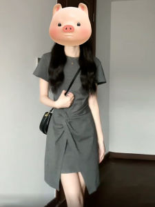 ชุดเดรสสั้นสีเทาสไตล์ฝรั่งเศส Y6Y สำหรับผู้หญิง ชุดเดรสทรงเอเข้ารูปสไตล์หวาน แขนสั้น คอตั้ง สีพื้น ฤดูร้อน 2024