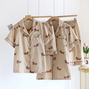 2026 New Summer Couples Pajama Set – 100% Cotton Gauze – Cute Short-Sleeve & Shorts Two-Piece Loungewear Set for Men and Women