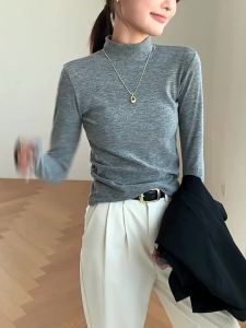 Dazzlin  แขนยาว T เสื้อเชิ้ตผู้หญิงเสื้อตัวในคอกึ่งสูงเข้ารูปแบบใหม่ฤดูใบไม้ร่วงและฤดูหนาวสไตล์ตะวันตกเสื้อแขนยาวใส่ด้านในสำหรับฤดูใบไม้ร่วงเสื้อผู้หญิง