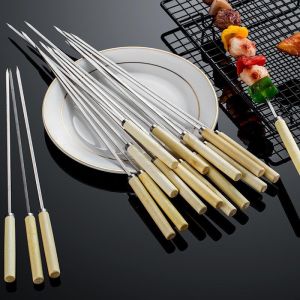 10/20/30/40PCS Stainless Steel BBQ Skewers With Wooden Handle Insulation Needle Kebab Sticks For Outdoor Camping Picnic Cooking Tools